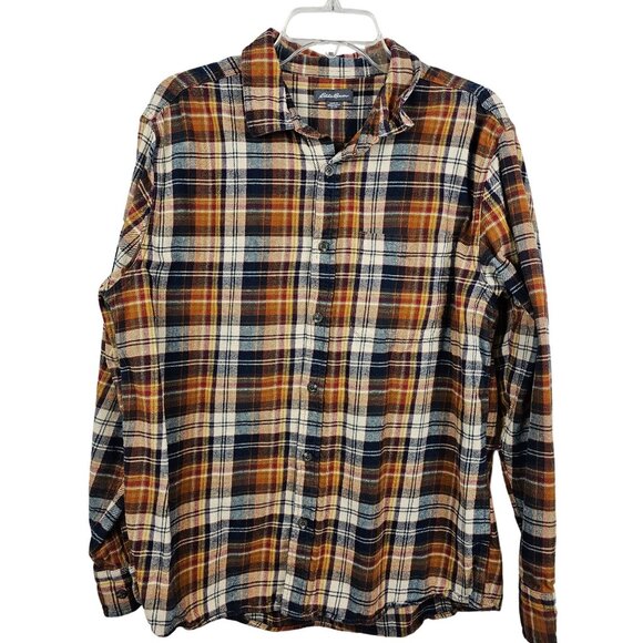 Eddie Bauer Mens XL Shirt Plaid Bristol Flannel Navy Blue Rust Button-Up Cotton - Picture 1 of 13